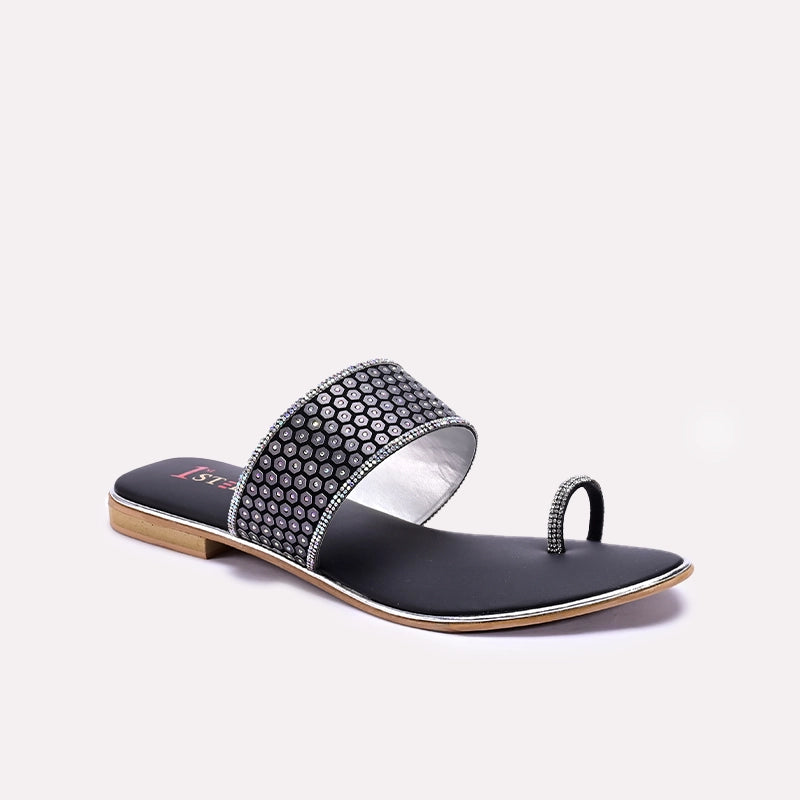 Womens Black Fancy Flat Slippers 0411452