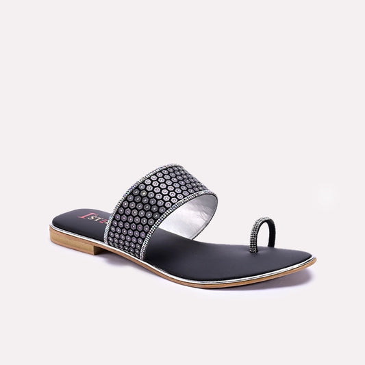 Womens Black Fancy Flat Slippers 0411452