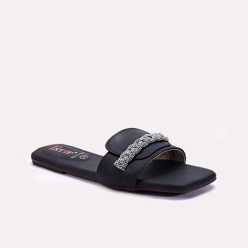 Womens Black Fancy Flat Slippers 0412724