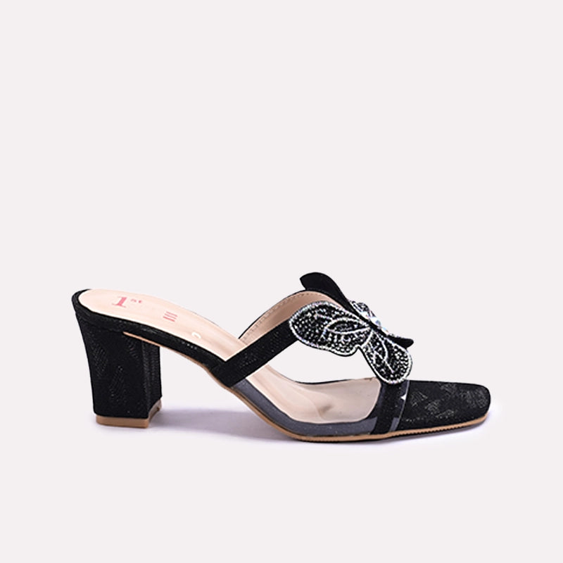 Womens Black Fancy Heel Slippers 0413154