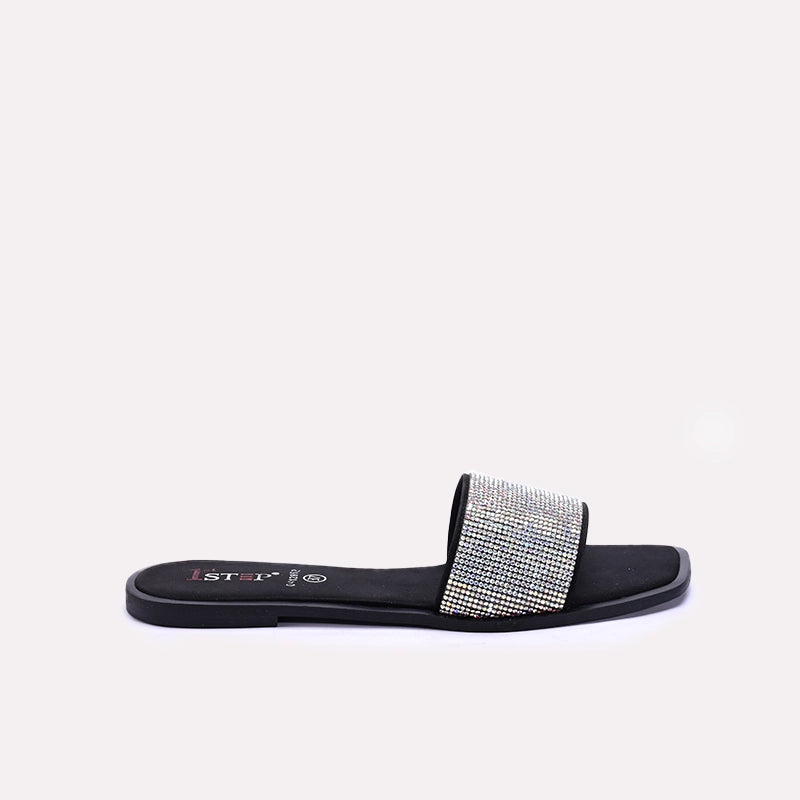 Womens Black Flat Fancy Slippers 0412862