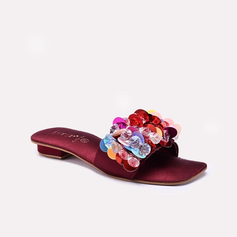 Womens Maroon Flat Fancy Slippers 0412757