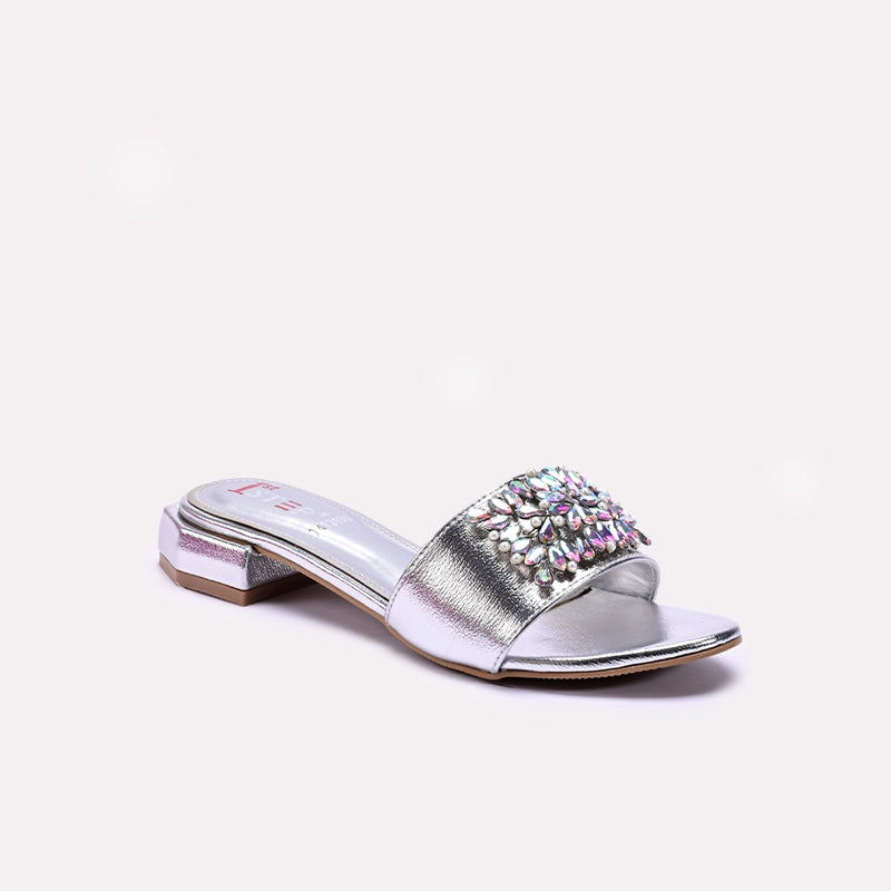 Womens Silver Fancy Flat Slippers 0413190