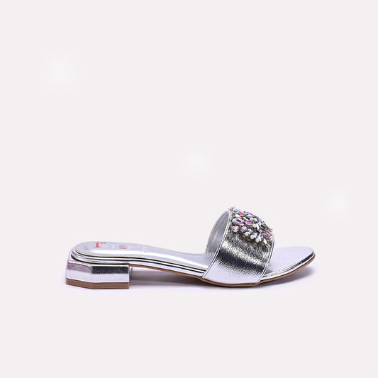Womens Silver Fancy Flat Slippers 0413190