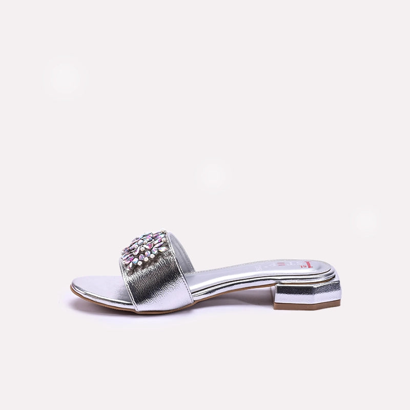 Womens Silver Fancy Flat Slippers 0413190
