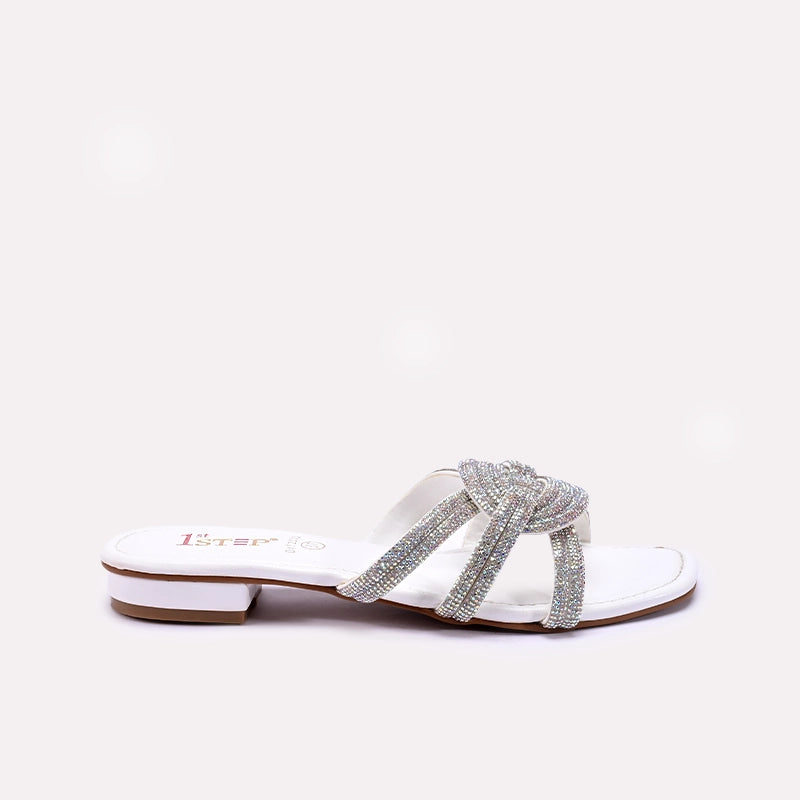 Womens White Flat Fancy Slippers 0412803