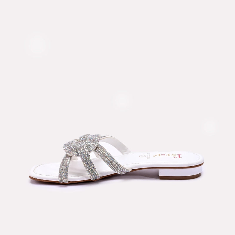 Womens White Flat Fancy Slippers 0412803