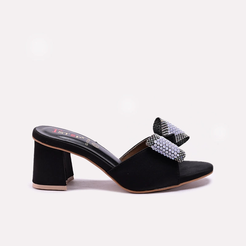 Womens Black Block Heel Slippers