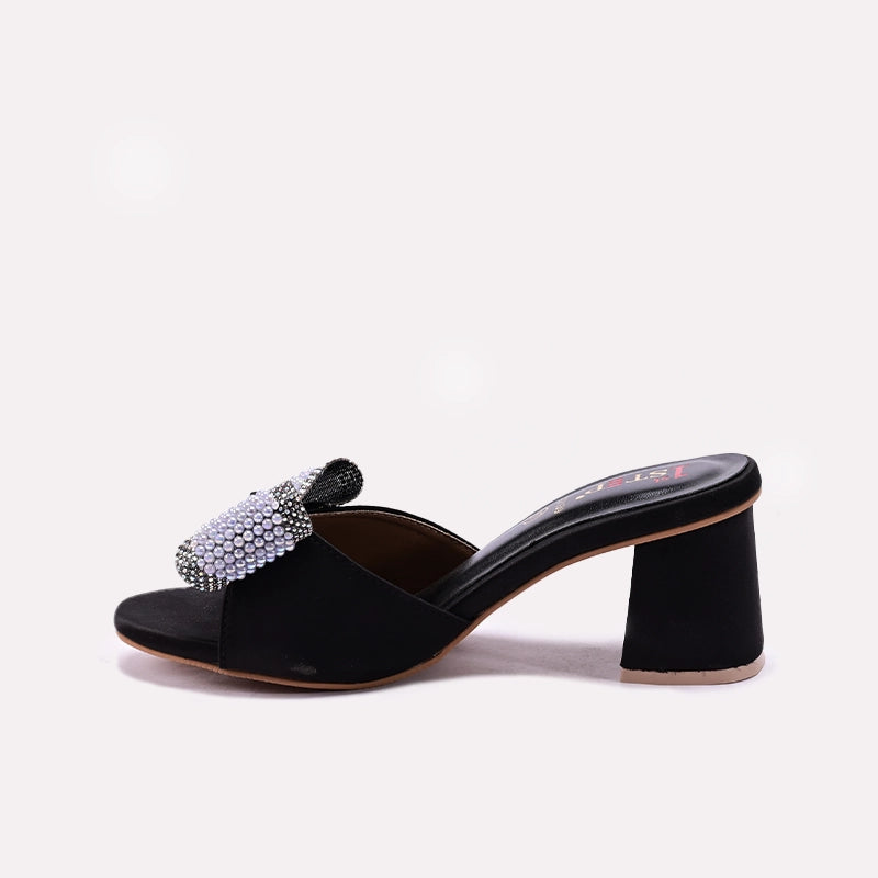 Black Block Heel Slippers for Women